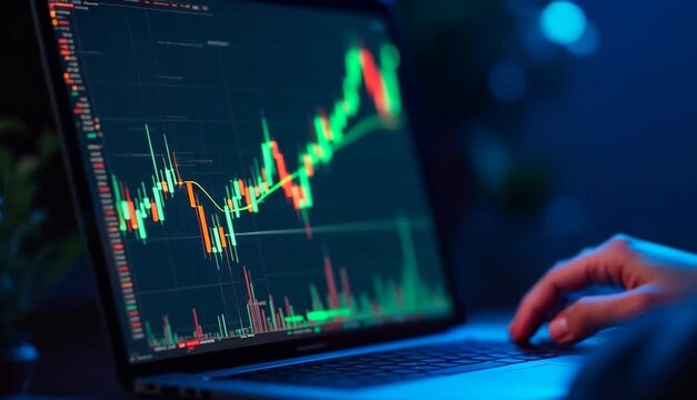 A hand operates a laptop showing detailed financial trading charts with green and red lines, perfect for stock market analysis.