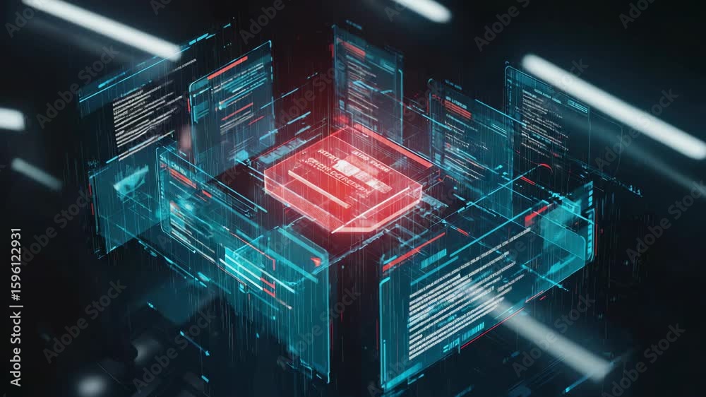 Poster quantum computer processing data from futuristic hologram screens showing programming code in a dark