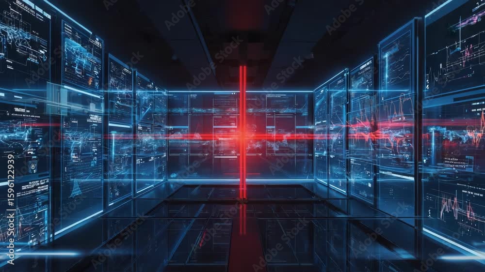 Poster red laser beams crossing within a futuristic command center, highlighting interactive data analysis 