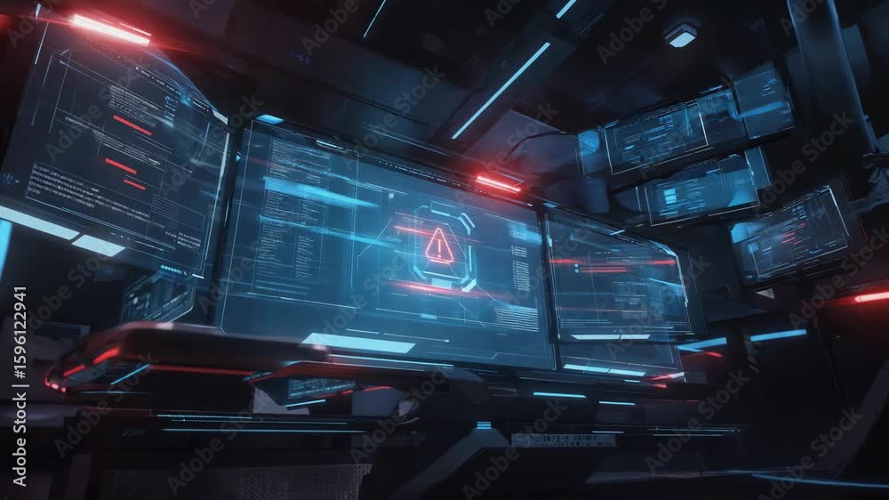 Poster multiple computer screens displaying code and a prominent alert message in a futuristic command cent