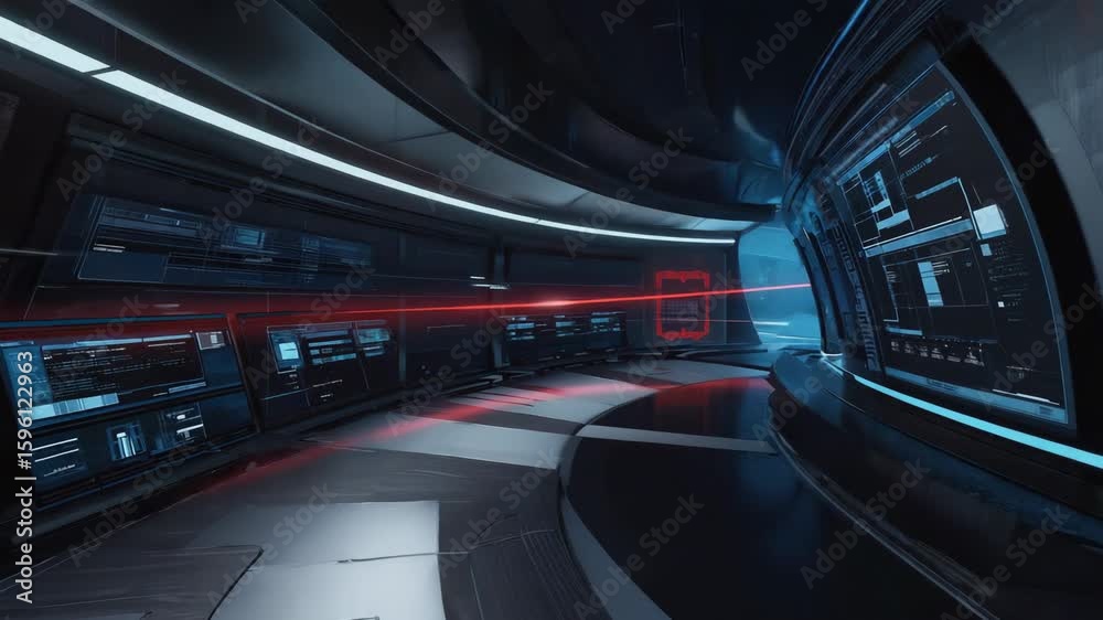 Poster futuristic spaceship or laboratory corridor with multiple computer screens showing data and charts, 