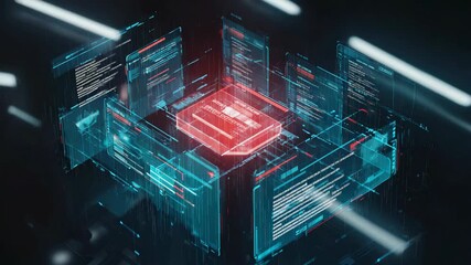 Quantum computer processing data from futuristic hologram screens showing programming code in a dark cyberspace environment with light trails - Powered by Adobe