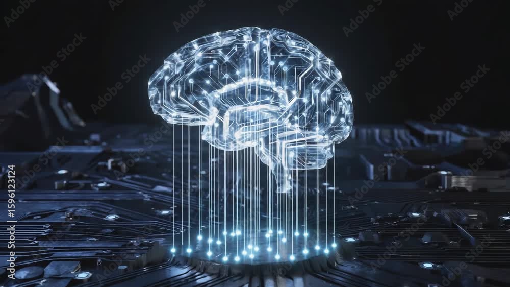 Poster glowing digital brain hovering over circuit board, symbolizing machine learning, artificial intellig
