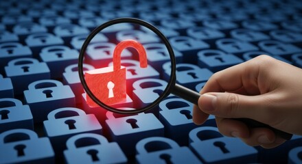 A magnifying glass reveals an unlocked padlock among locked ones, symbolizing cybersecurity vulnerability