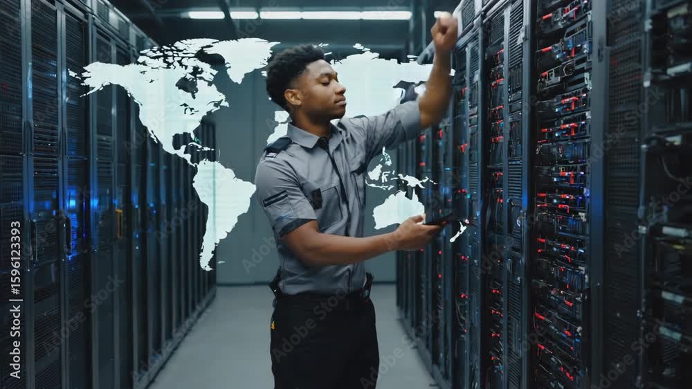 Poster it technician is checking server hardware in a modern data center, with a superimposed graphic of a 