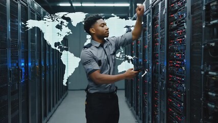 It technician is checking server hardware in a modern data center, with a superimposed graphic of a world map representing global network connectivity - Powered by Adobe
