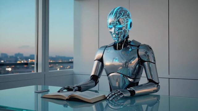 Futuristic robot with glowing head is sitting at glass desk and reading book, learning and using artificial intelligence in modern office with skyline view