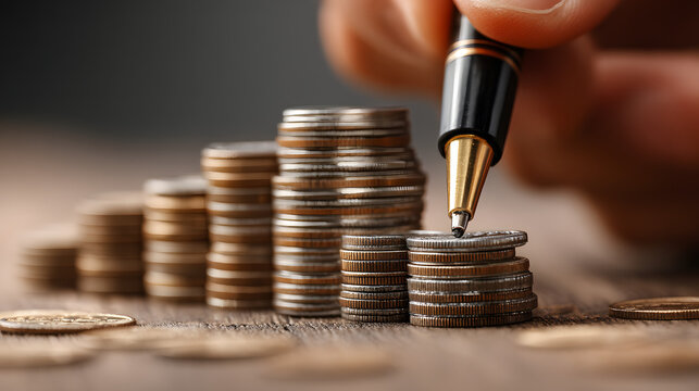 Invest tax inflation interest finance. Stacked coin bar graph hand pen, Bank, Discount, Growth, Business, Cost, Rate, Offer, Sale, Commission, Fee, Percentage, Financial, Free Market