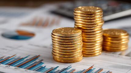 Tax incentive concept. Stacks of gold coins on financial reports with charts in the background.