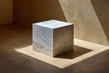 A cube-shaped marble pedestal in a room with beige walls.
