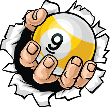 Hand nine ball pool billiards sports mascot holding a 9 ball cartoon illustration