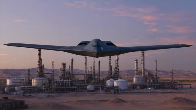 Northrop grumman b-2 spirit, a low-observable strategic bomber with a flying wing design, soaring over an oil refinery at sunset, highlighting military intervention in energy-rich regions