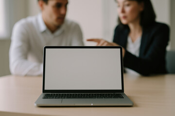 Obraz premium Businesspeople discussing over laptop with blank screen in office