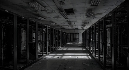 Explore this abandoned server room, a relic of a bygone technological era, now silent and still, waiting for its next chapter.