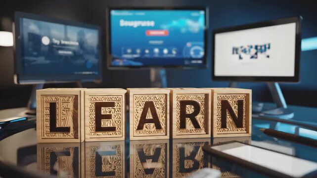 Four wooden cubes spelling learn positioned on a desk in front of three computer screens displaying business and financial data, highlighting the significance of continuous learning