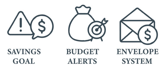 Personal Budgeting and Expense Tracking Icon Set Featuring Savings Goals, Spending Alerts, and Envelope Budget Method
