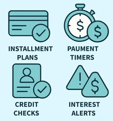 Modern BNPL Financial Icon Set for Buy Now Pay Later Apps Featuring Installment Plans, Credit Check, and Payment Alerts
