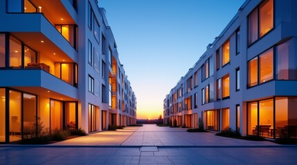 Obraz premium row of contemporary townhouses under sunset sky