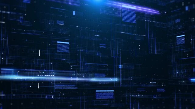 Futuristic Blue Virtual Data Room with Glowing Interface Panels and Abstract Digital Grid Architecture in 3D Perspective pan left shot 4K motion on blue background