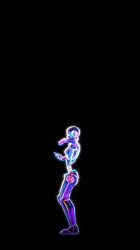 Seamless loop vertical video of a female robot with glowing neon lights belly dancing isolated with copyspace. Futuristic background.