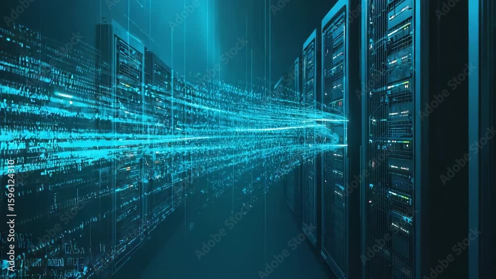 Poster binary code data stream flowing between server racks in a futuristic server room, representing data 