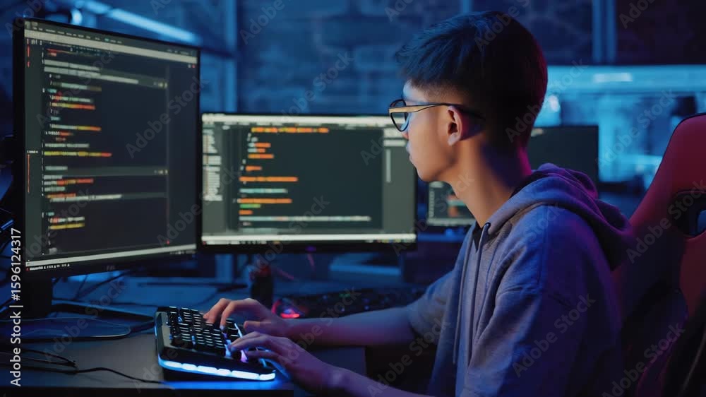 Poster young asian software developer focused on coding at a backlit keyboard in a dark office, illuminated