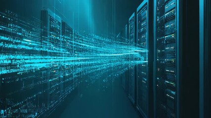 Binary code data stream flowing between server racks in a futuristic server room, representing data transfer, cloud computing, and modern technology - Powered by Adobe