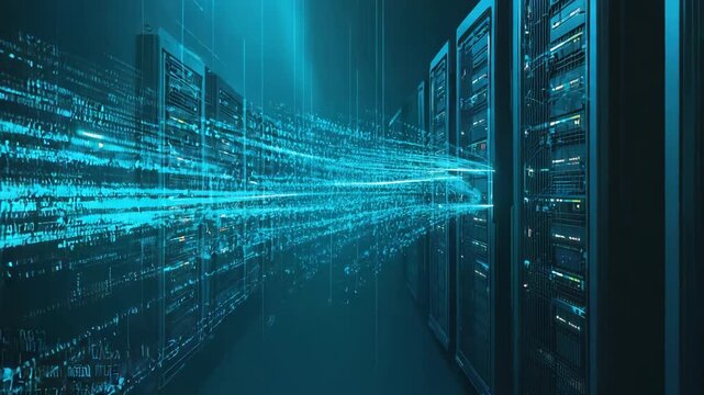 Binary code data stream flowing between server racks in a futuristic server room, representing data transfer, cloud computing, and modern technology - Powered by Adobe