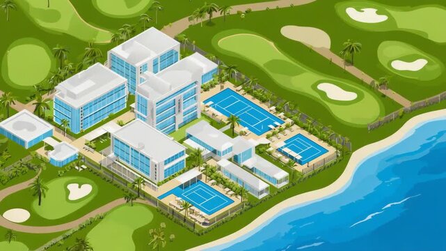 Isometric view of a luxurious tropical resort featuring a golf course, tennis courts, swimming pools, and modern buildings, situated along a beautiful beach