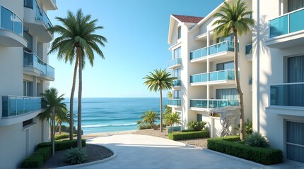 Fototapeta premium Exclusive Beach Resort Entrance with Palm Trees and Ocean View