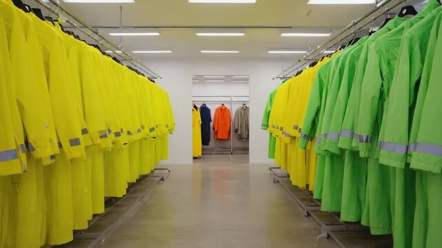 Rows of vibrant yellow and green raincoats with reflective stripes hang on clothing racks in a modern, minimalist retail environment, creating a colorful and organized display