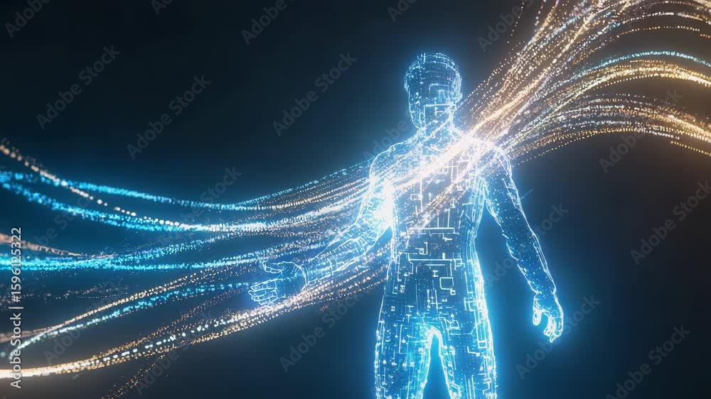 Poster futuristic humanoid robot generating energy beams and data streams, symbolizing artificial intellige