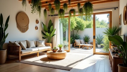 Airy bohemian living room seamlessly blending indoors and outdoors with abundant natural light