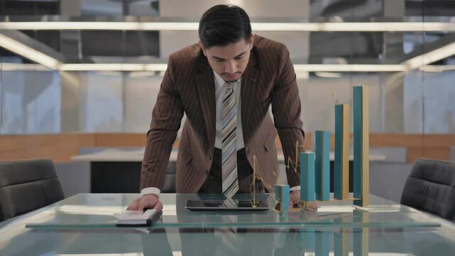 Young businessman in a suit analyzing a gantt chart and financial figures while using a tablet and calculator on a sleek glass table in a bright, modern office environment