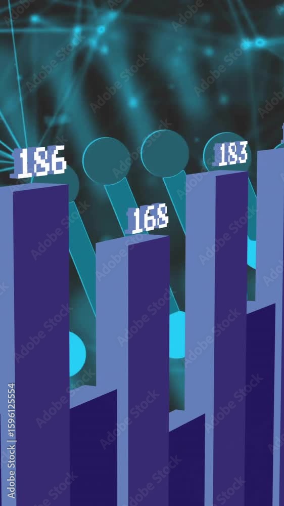 Poster in animation, digital network connections with glowing nodes showing bar graph data