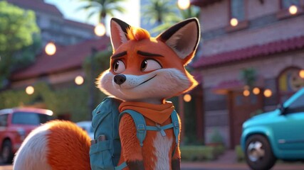 Cheerful 3D cartoon fox, backpack, walks right, turns head, glances back, continues walking