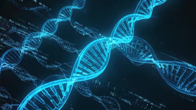 Multiple glowing blue dna strands are rotating on a dark blue background with binary code, representing genetic engineering, biotechnology, and medical research - Powered by Adobe