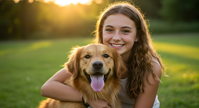 A happy girl and her golden retriever enjoy a sunny afternoon in a lush green park, sharing a special bond of friendship and love.