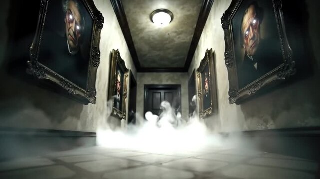 Eerie Haunted Hallway, Glowing Eyes Paintings and Smoky Environment