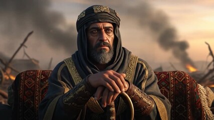 Medieval Ruler Seated Amidst Burning Battlefield Ruins Holding Sword