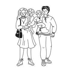 Doodle illustration of a smiling family with two children. Parents hold kids lovingly. Black and white style conveys warmth and togetherness.