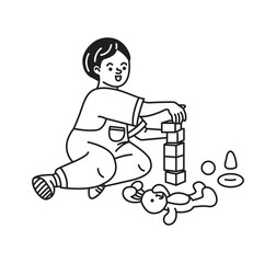 Doodle illustration of a child happily playing with building blocks. The child is stacking cubes to create a tower. Minimalist black and white style adds simplicity.