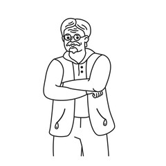 Doodle illustration. Line art of an elderly man with glasses in a confident pose. Simple black and white drawing. Represents wisdom and maturity. Ideal for illustrating age diversity.