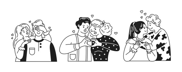 Black and white illustrations of couples showing affection and love. Minimalist style with playful expressions. Representing romance and connection among young people.