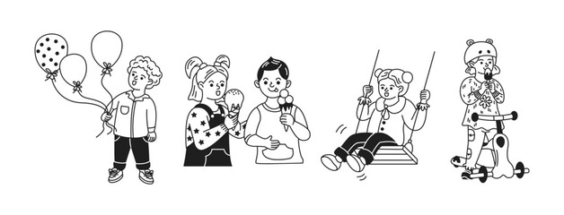 Obraz premium Monochrome illustration of children playing and enjoying treats. Features kids with balloons, ice cream, on swings, and a scooter. Simple line art style with playful mood.
