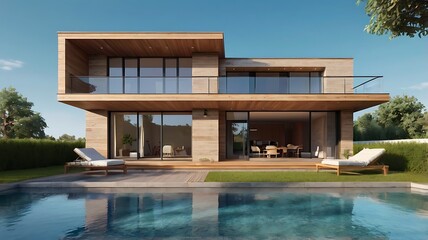 Fototapeta premium Flat-roofed modern home with wide open terrace, clear blue sky