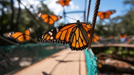 Monarch butterflies congregating on a bridge, showcasing their vibrant colors
