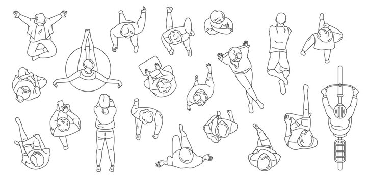Line art illustration of various people seen from above. Monochrome design shows different poses and activities, perfect for architectural plans or creative layouts.