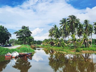 A peaceful village river scene with boats, coconut trees, and calm reflections under a bright blue...