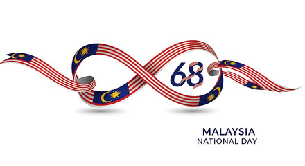 A stylized infinity loop ribbon adorned with the Malaysian flag colors and the number 68, commemorating Malaysia National Day.